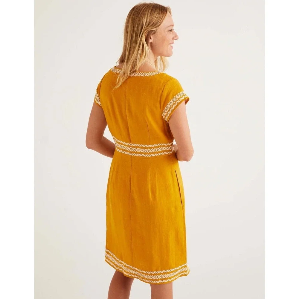 Boden Laura Linen Embroidered Mustard Yellow Linen Shift Dress US 8R
